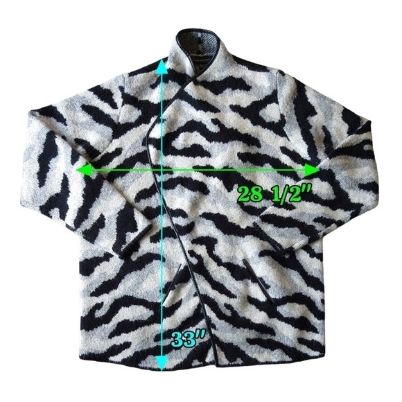 Lane Bryant Black Gray Abstract Faux Leather Trim Open Front Fuzzy Coat Modern - Picture 2 of 8